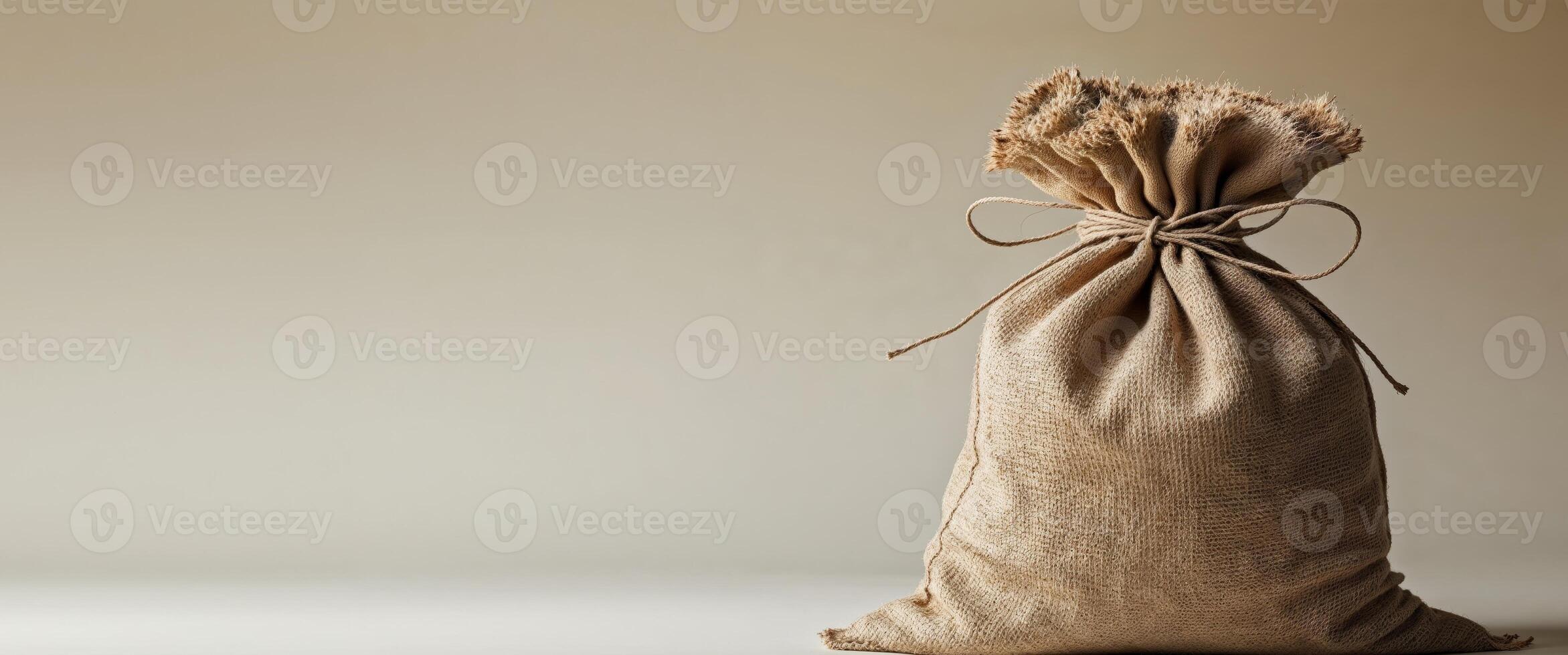Burlap sack with twine tie on neutral background photo