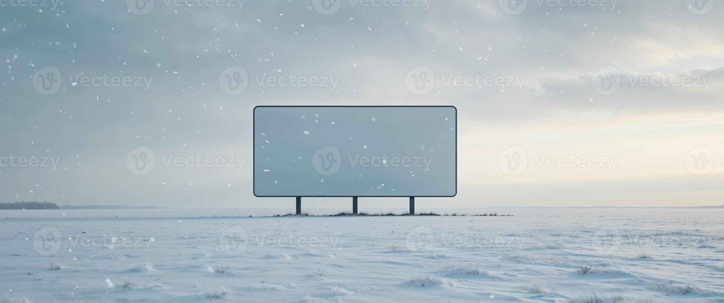 A large white billboard sits in a field of snow. photo