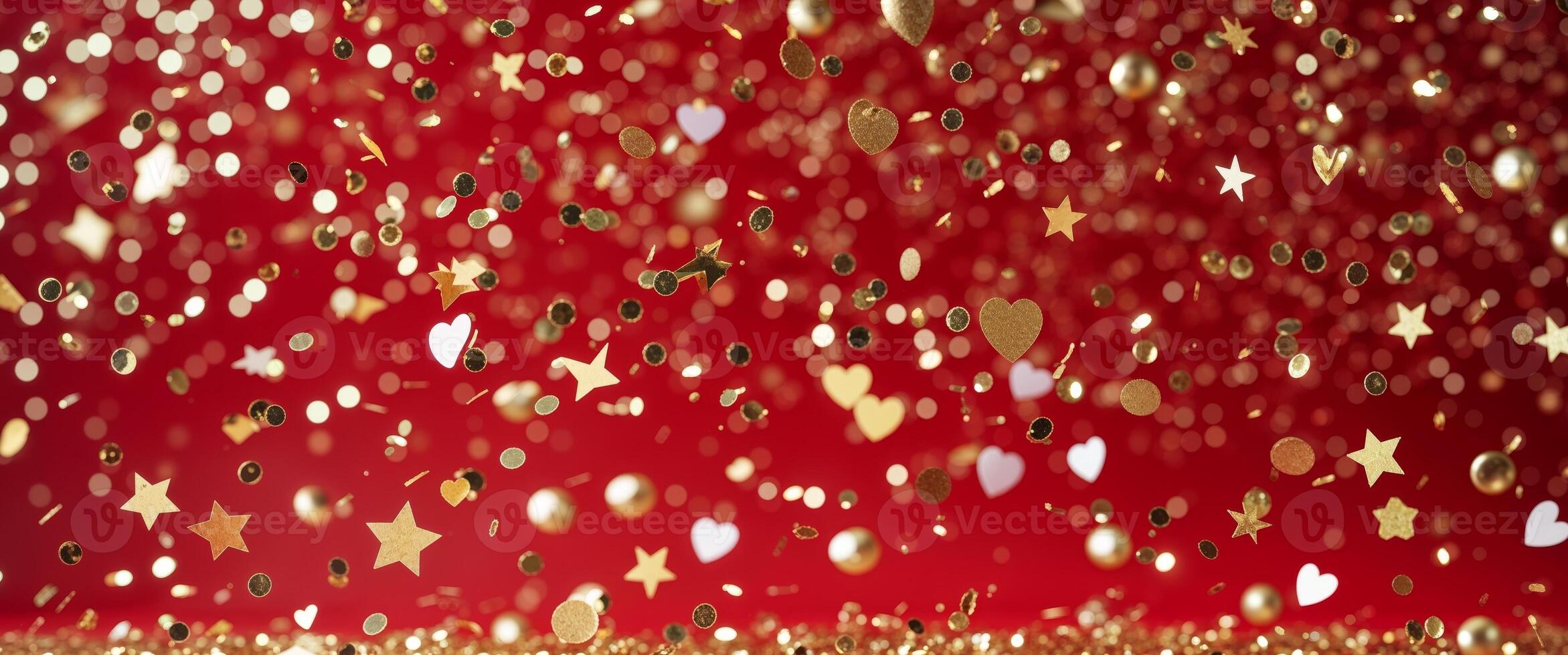 Generate a festive red backdrop filled with floating golden confetti in various shapes. photo
