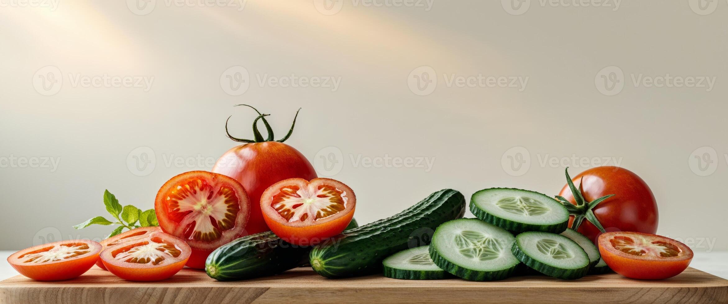 sliced tomatoes and cucumbers on a wooden cutting board. photo