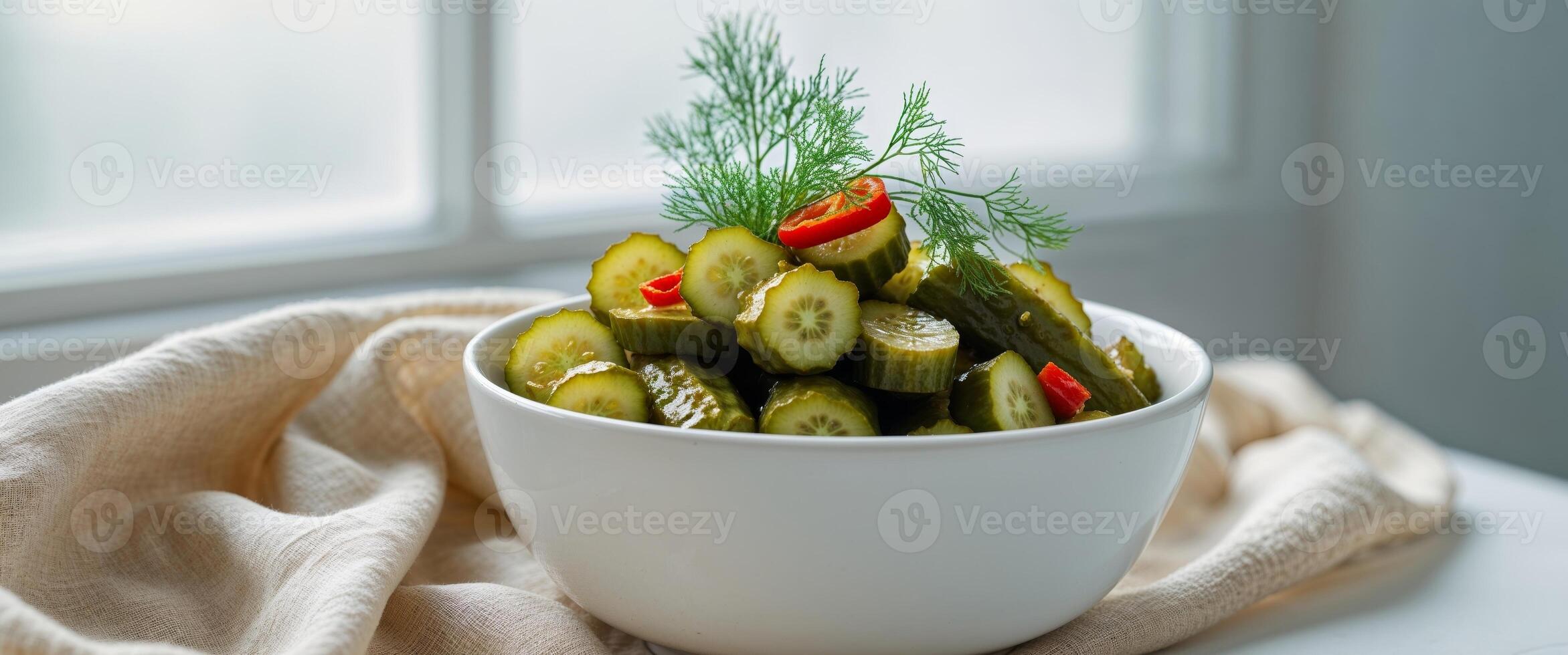 Pickled Cucumbers Spicy Delight in White Bowl Green Dill Red Peppers on Linen Cloth Bright Window Background. photo