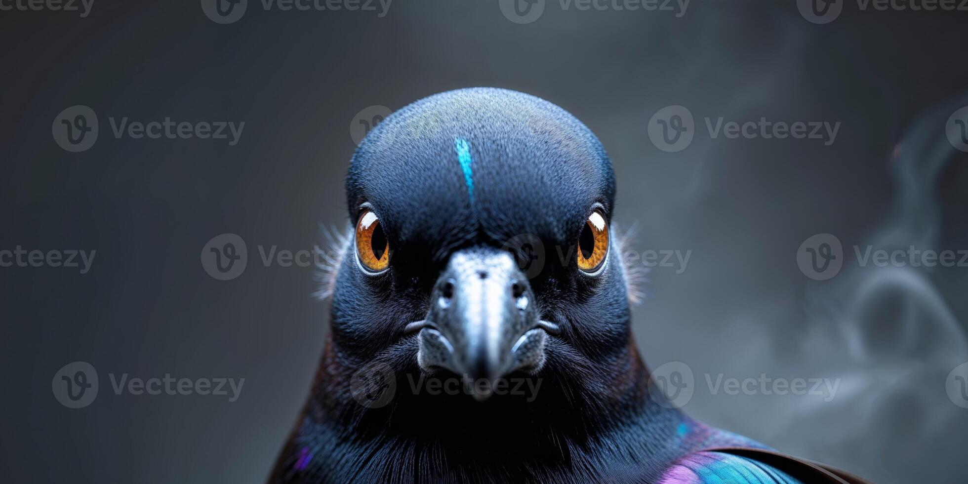 A close up of a bird with a black and blue head photo