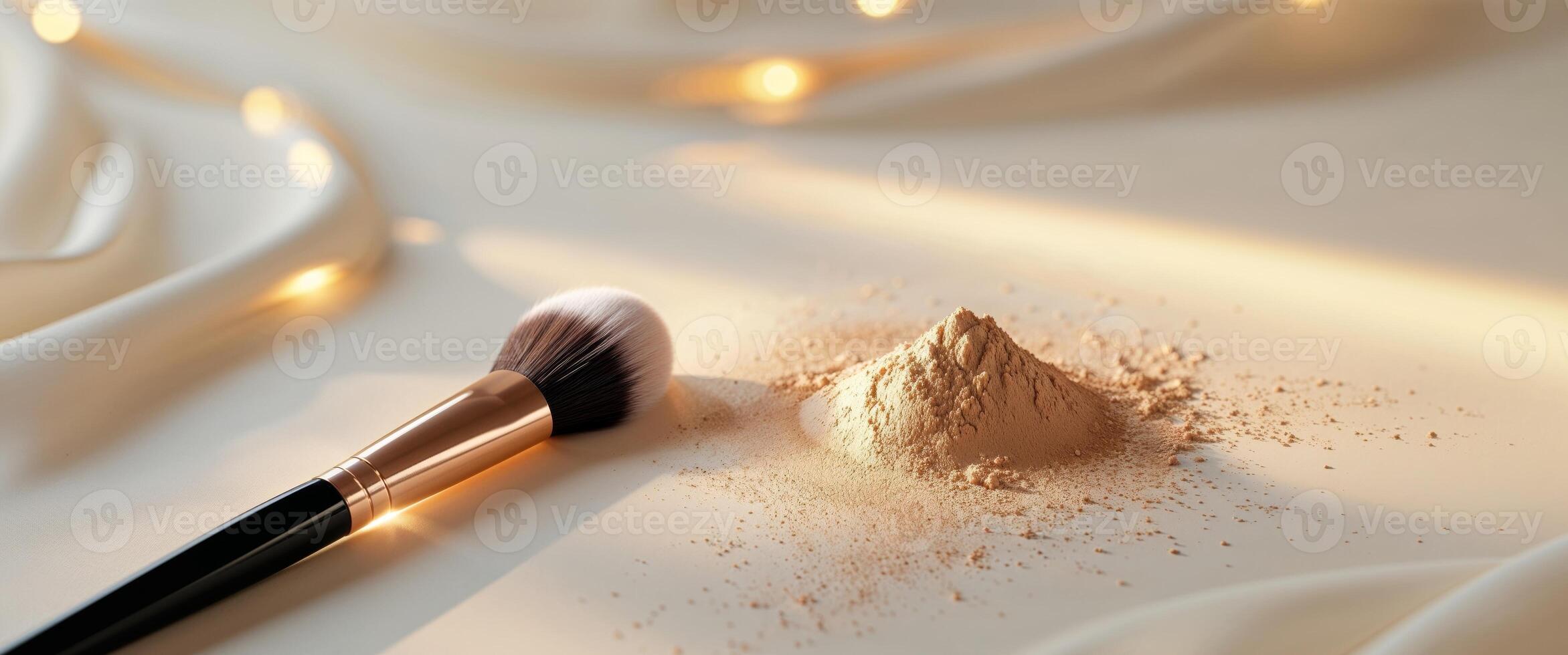 Makeup brush and powder with soft golden lights photo
