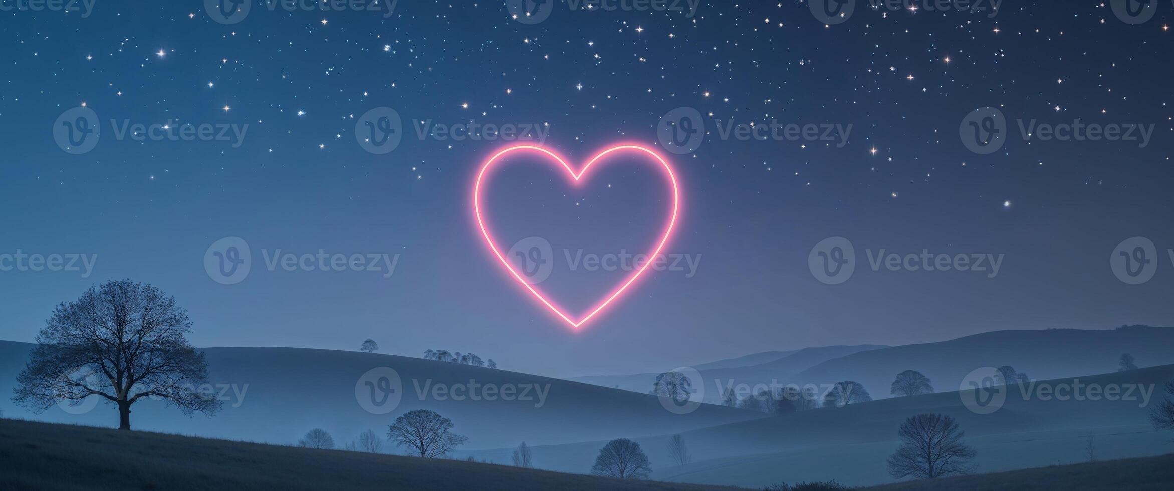 Heart shape illuminated in a starry night sky over a tranquil landscape. photo