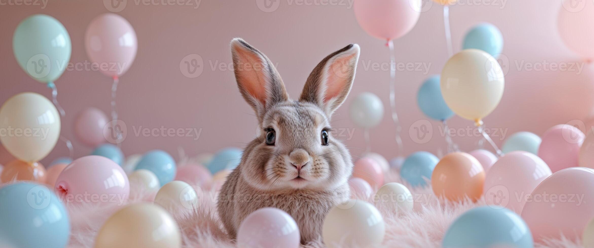 Cute fluffy rabbit with big eyes and cheerful expression on soft pink background filled with pastel balloons photo
