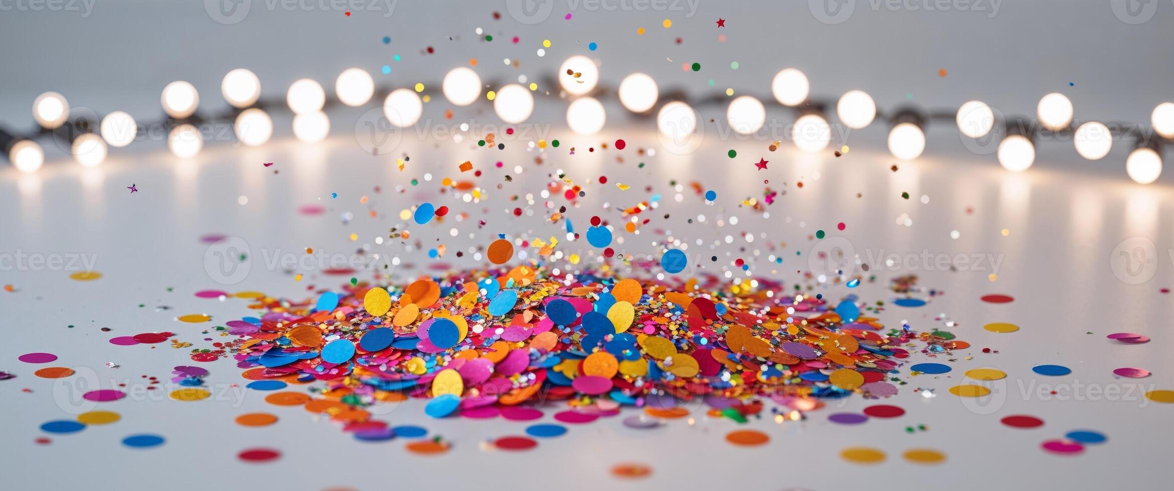 Festive Save the Date Card with Colorful Confetti and Bright LED Lights for Party Invitations. photo