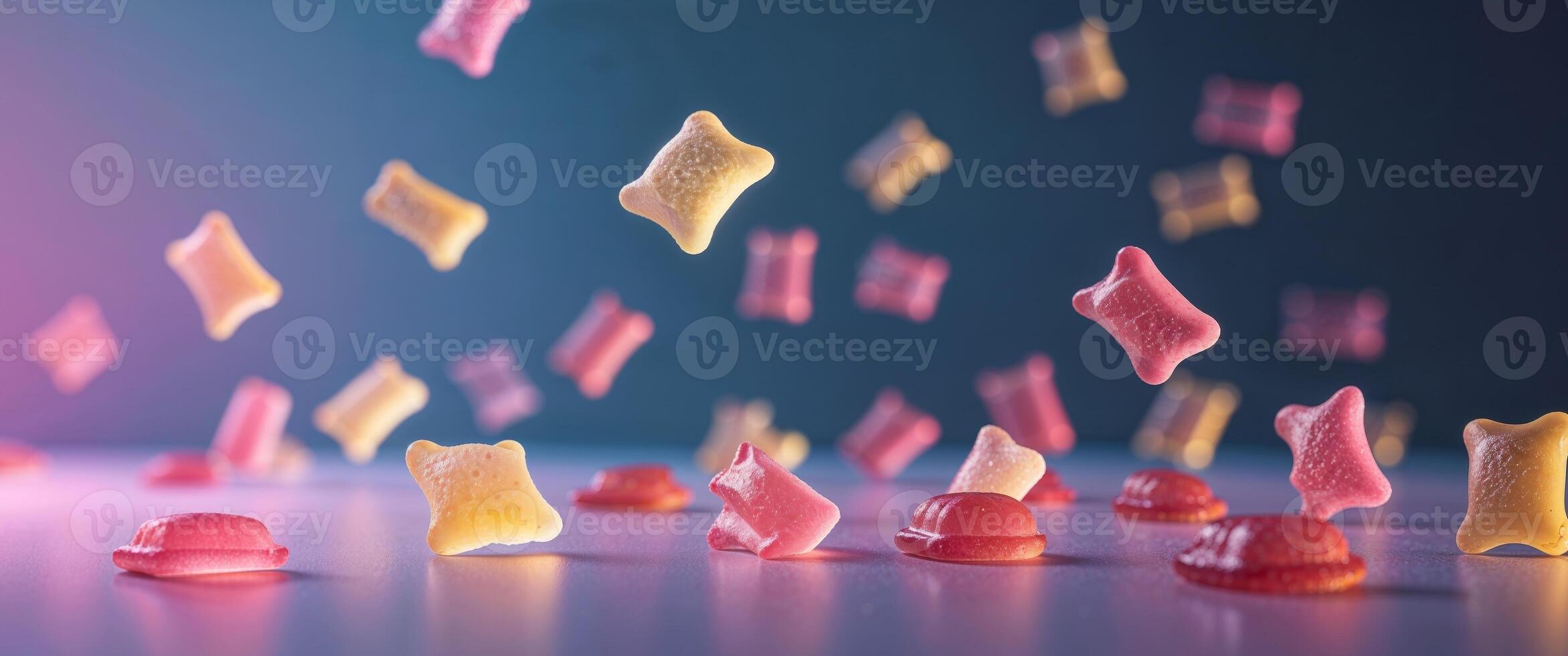 Illuminated gummy candies glowing with colorful ambient lighting. photo