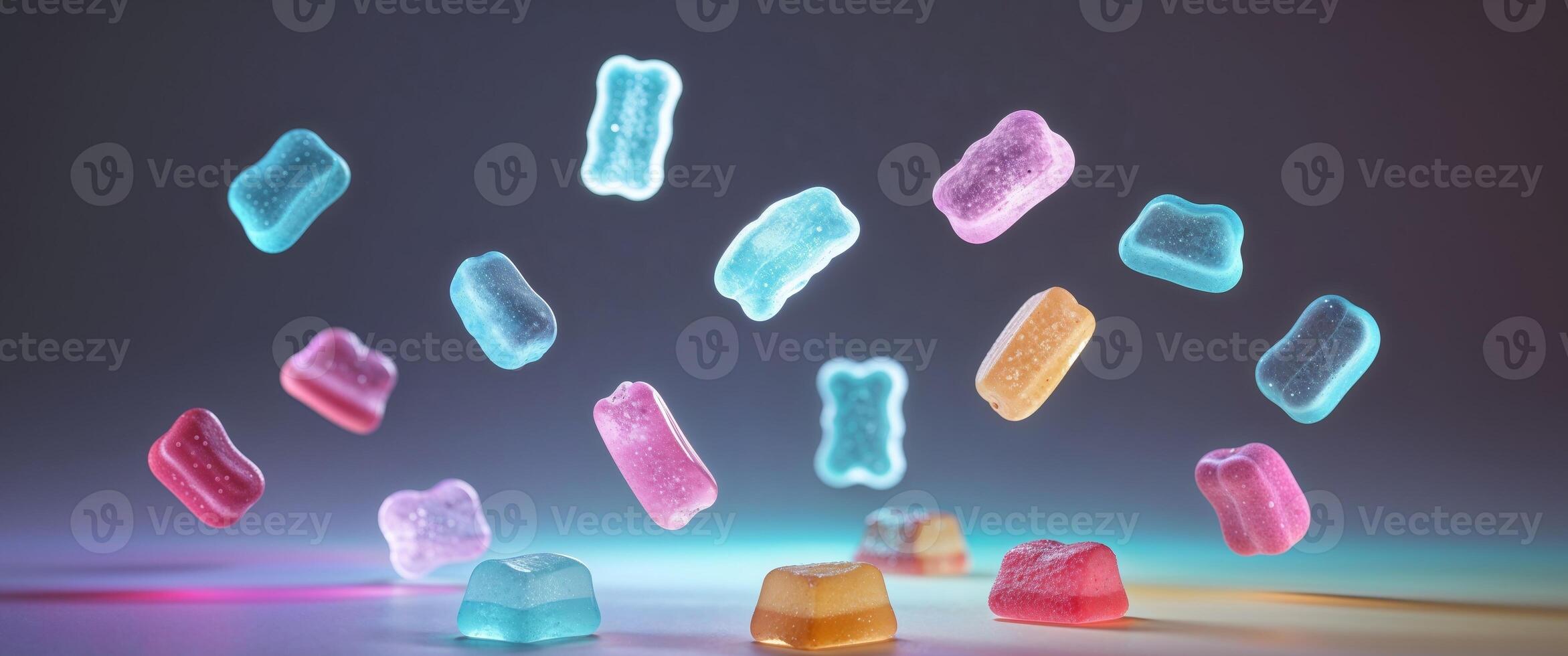 Illuminated gummy candies glowing with colorful ambient lighting photo