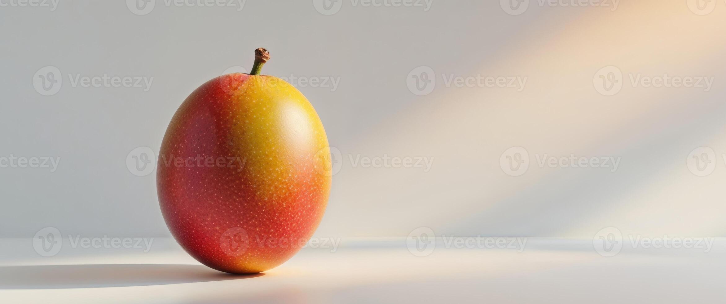 A mango is shown on a white surface photo