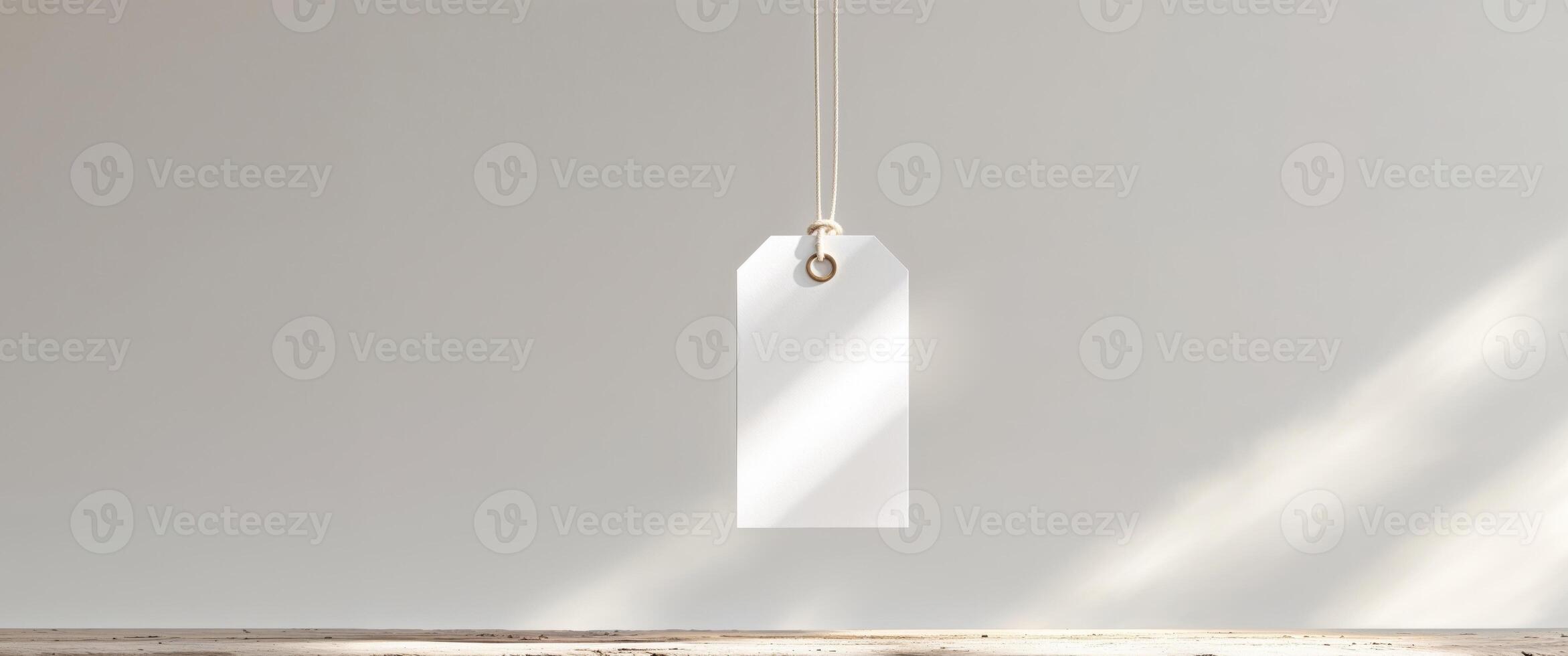Blank White Tag with String on Wooden Surface. photo