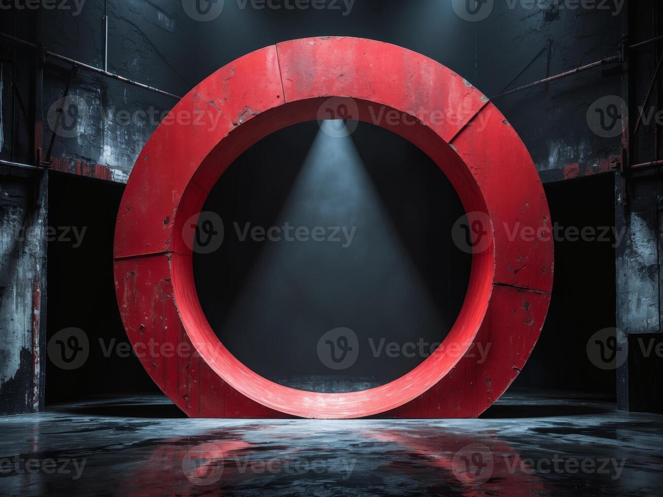 Red circular stage illuminated by spotlight in a darkened urban setting with textured walls photo