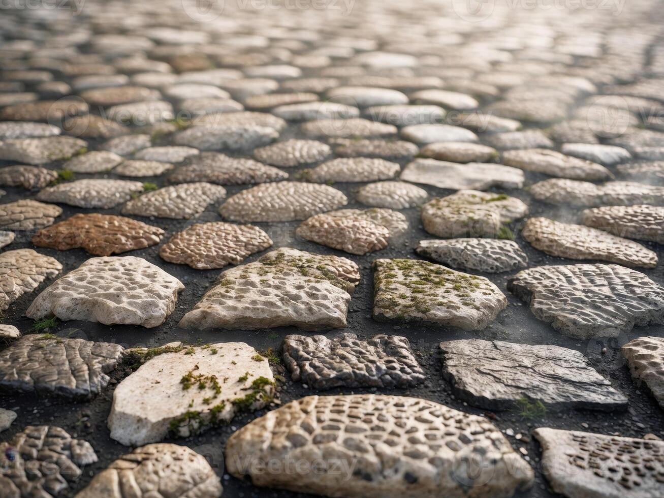 Textured Cobblestone Surface with Dark and Light Brown Tones. photo