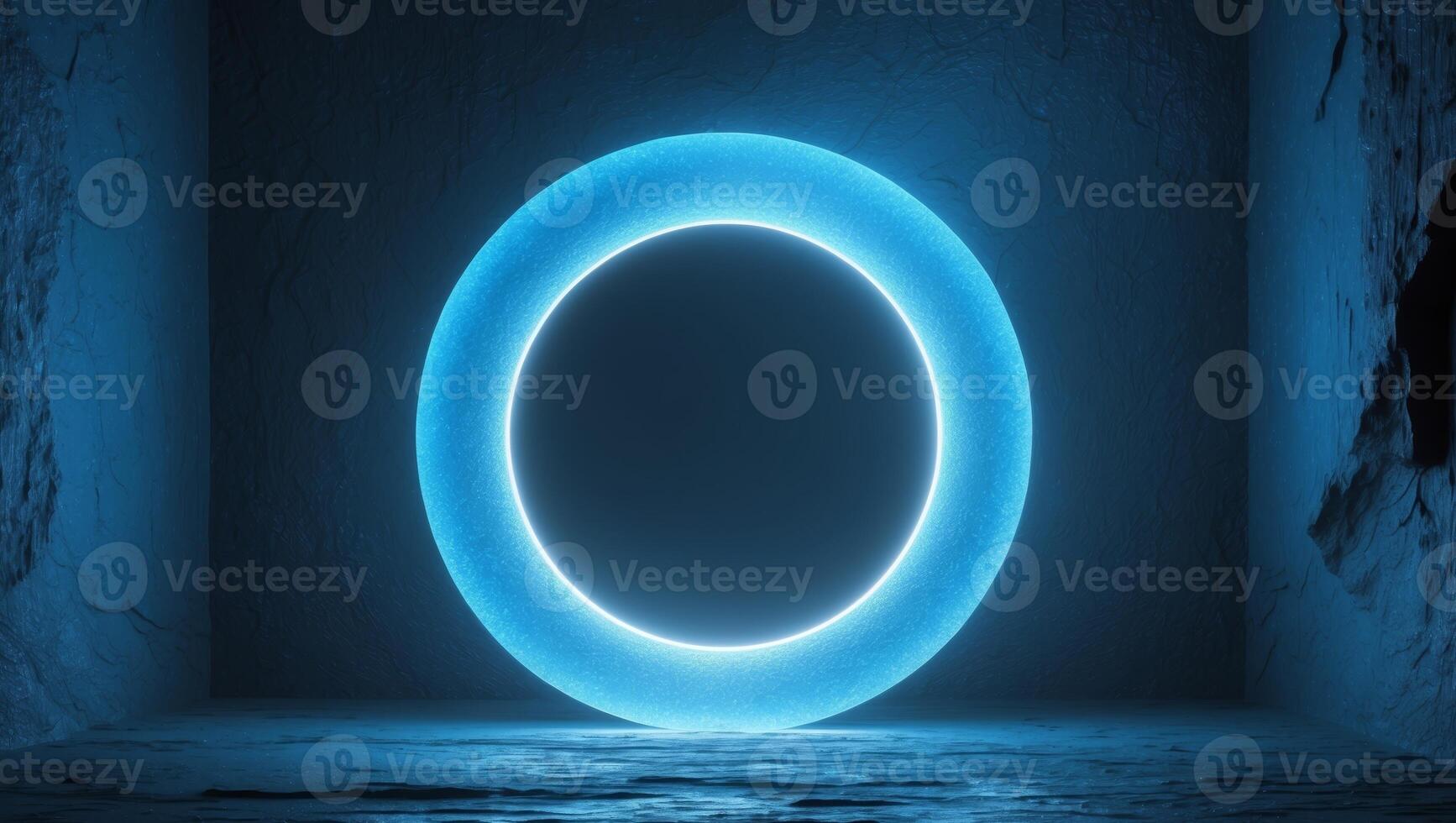 Glowing Circular Portal with Blue Light on Dark Textured Background. photo