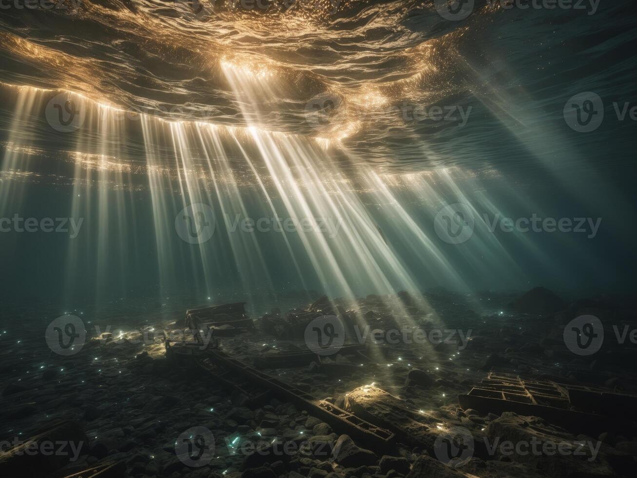 Light beams penetrate a dark underwater setting on the sea floor photo