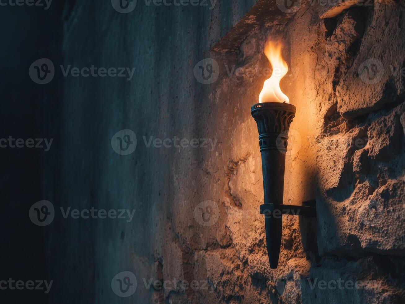 Ancient Torchlight Illuminates Stone Wall photo