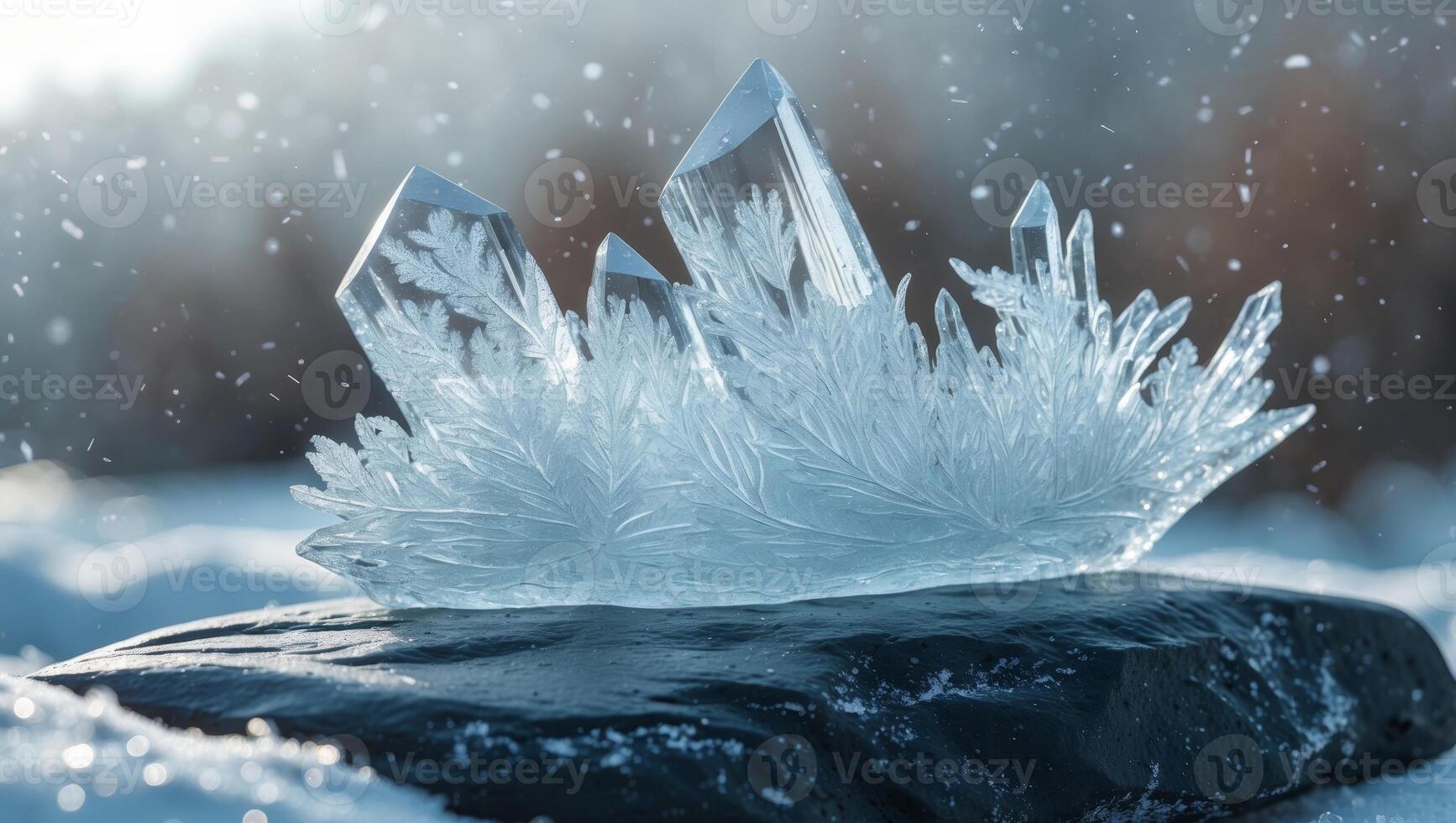 Crystal Clear Ice Formation on Dark Rock Surface in Winter Setting. photo