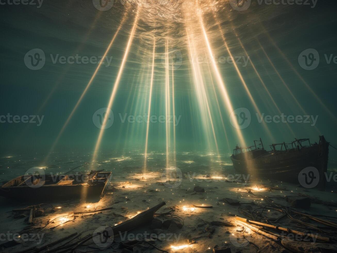 Light beams penetrate a dark underwater setting on the sea floor. photo