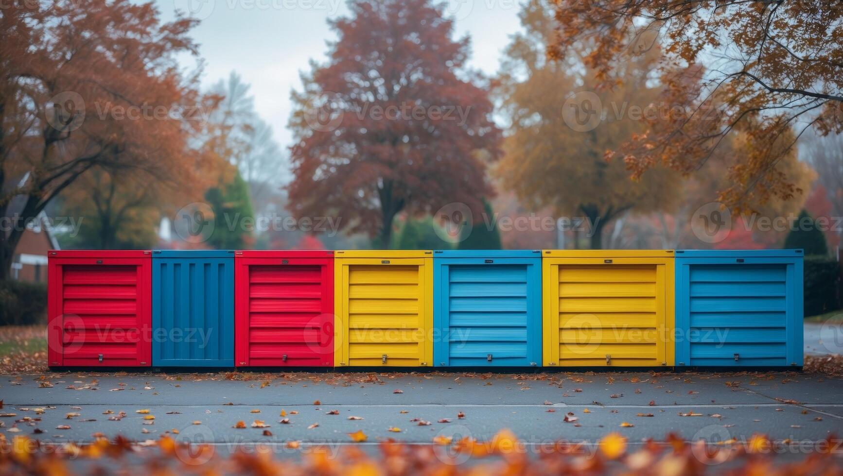 Brightly colored storage units lined up in the autumn landscape of a suburban area. photo
