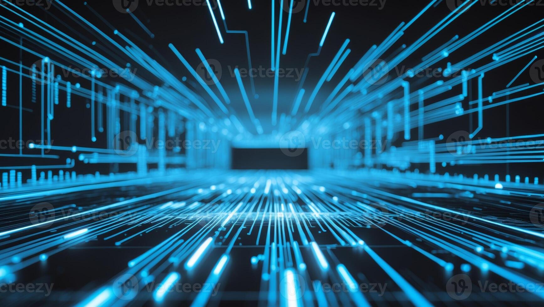 Abstract digital matrix with glowing blue circuits and data streams flowing dynamically. photo