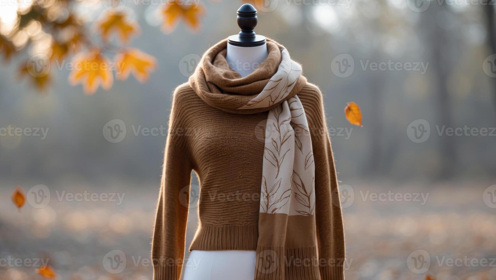 Stylish knitted sweater and scarf displayed on a mannequin in a clothing boutique during autumn season photo