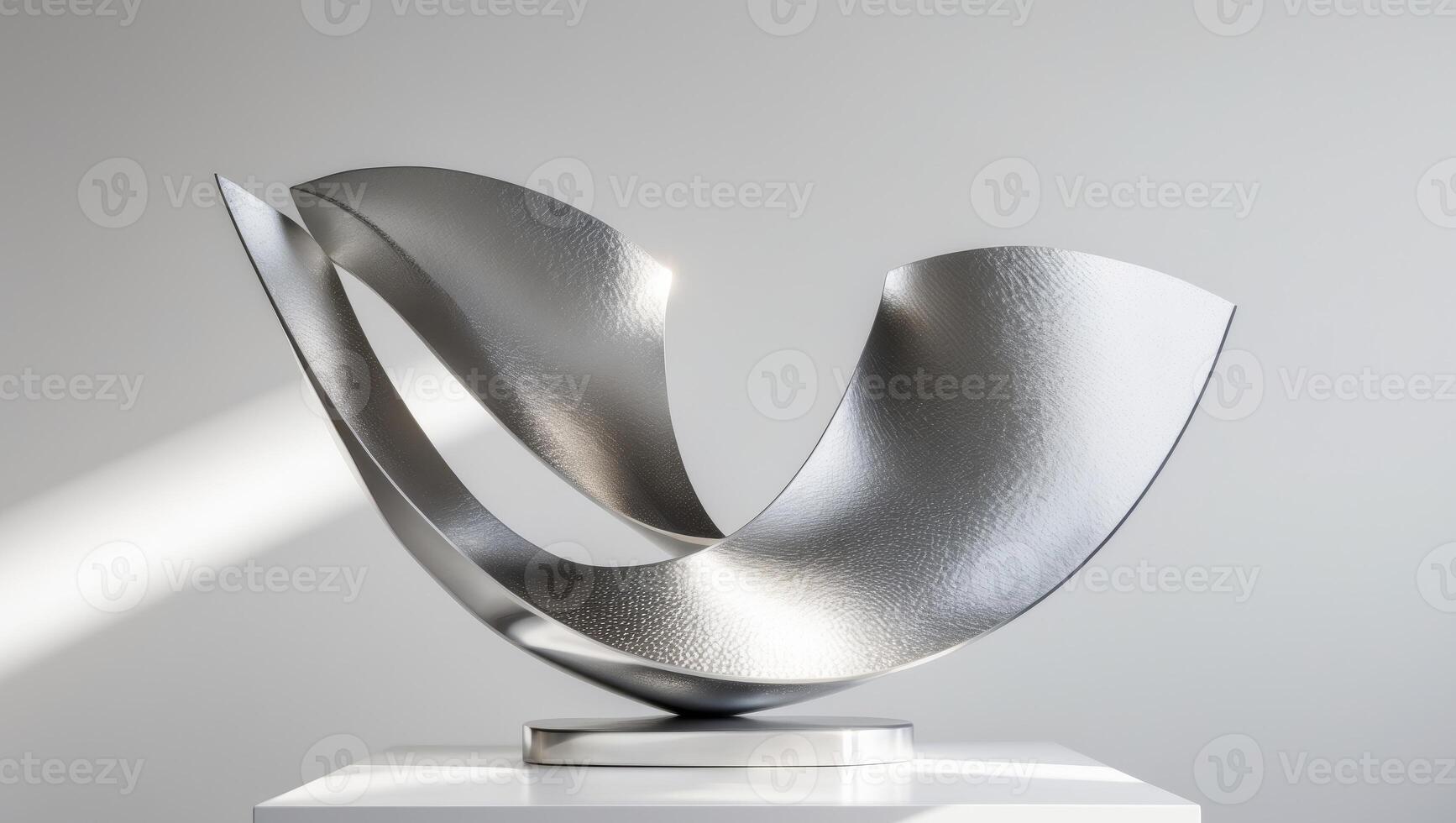 Modern abstract metal sculpture standing on pedestal. photo