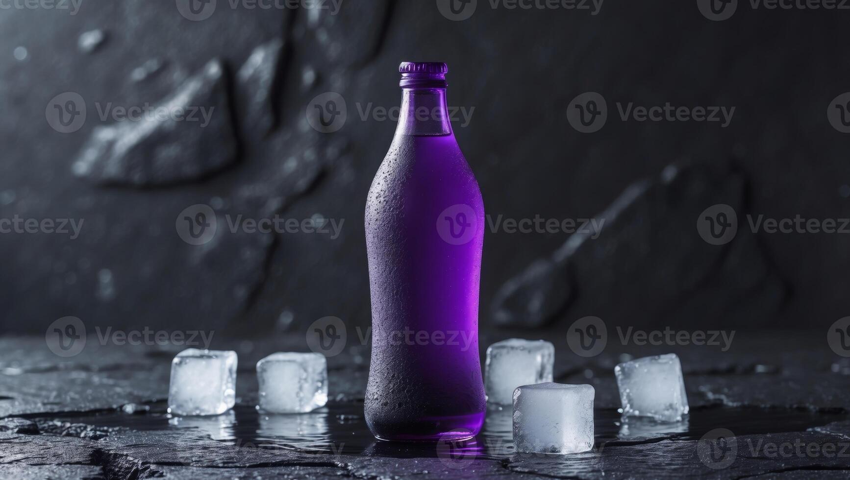 Purple Beverage Bottle with Ice Cubes on a Dark Textured Background in a Studio Setting. photo