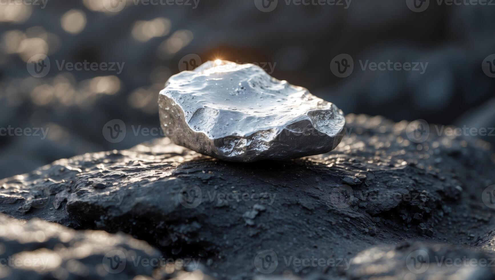Captivating silver nugget resting on dark rocky ground reflecting light in a raw and natural setting. photo
