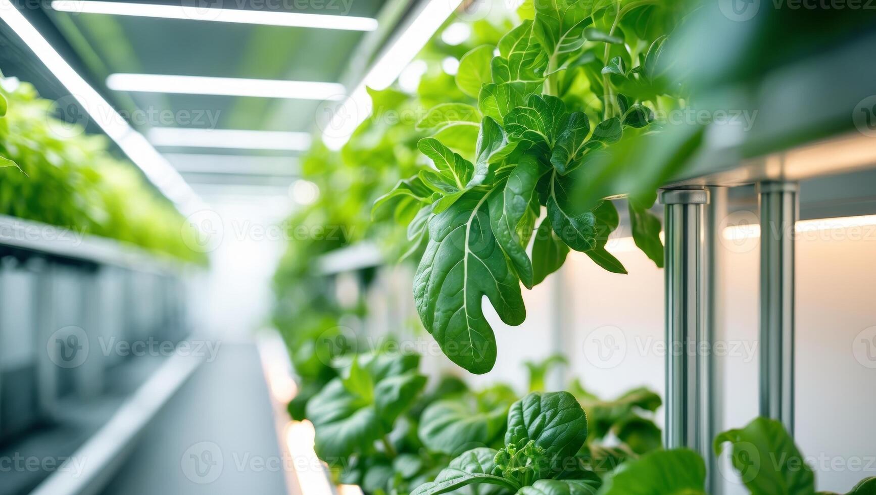Vertical hydroponic system with leafy greens growing under artificial light photo