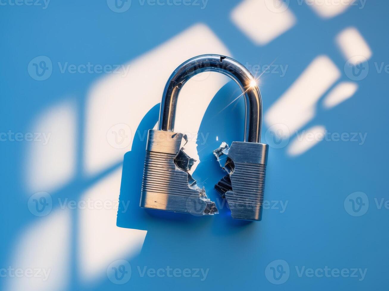 Shattered Metal Lock Symbolizing Broken Security and Access Issues with Dynamic Light Effects in Blue Background photo