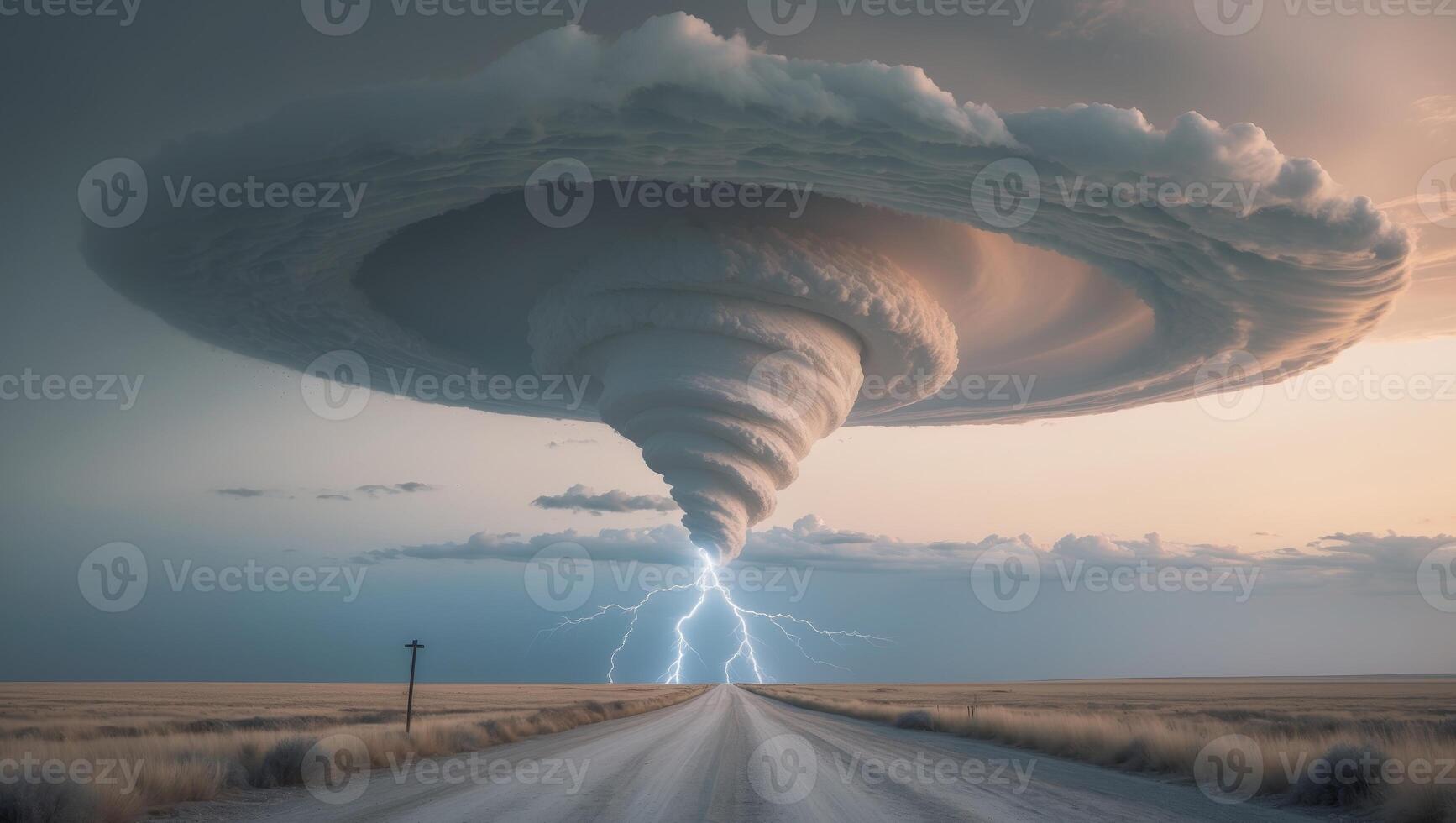 Powerful storm vortex forms above dirt road in open landscape during twilight hours photo