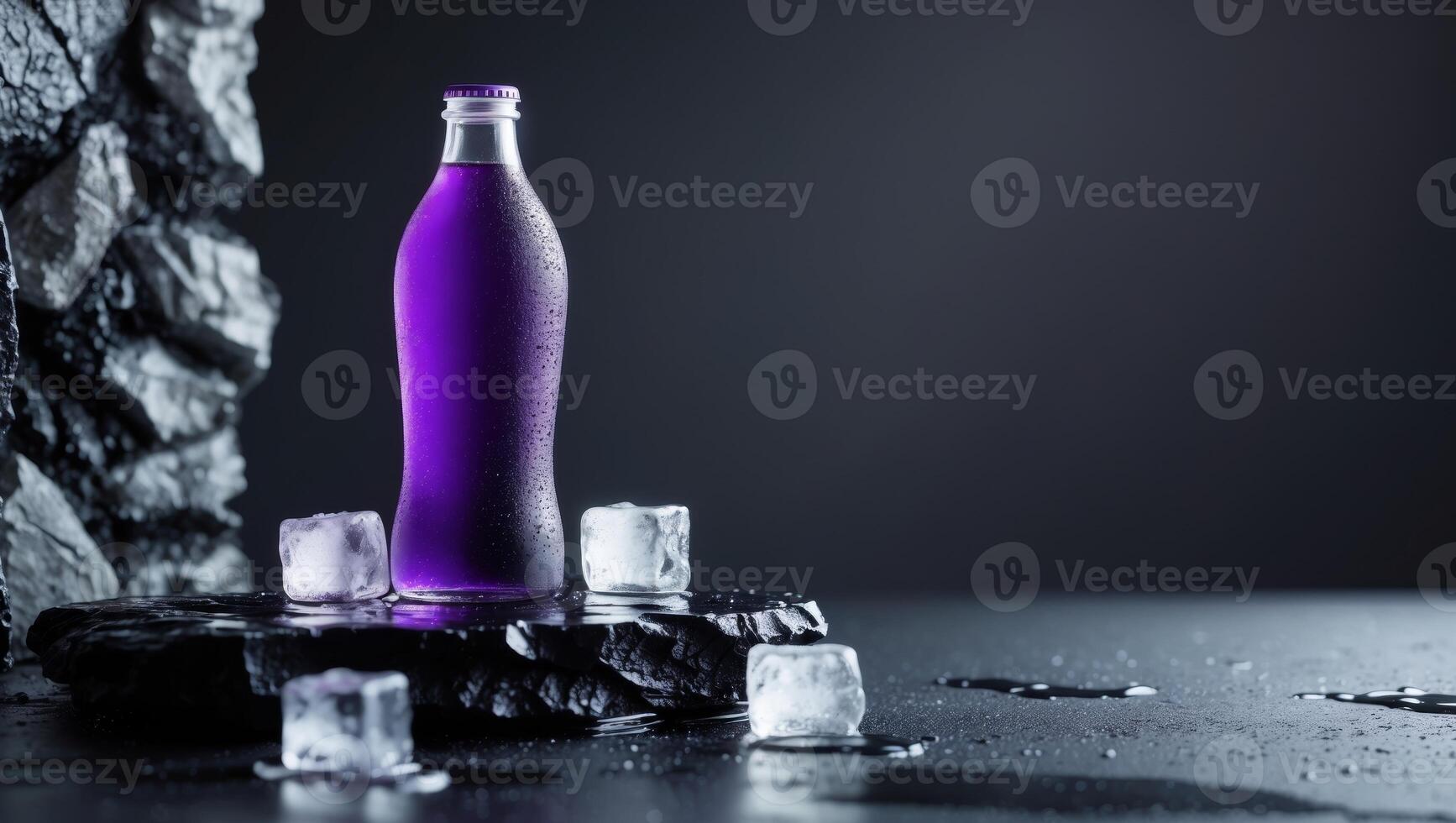 Purple Beverage Bottle with Ice Cubes on a Dark Textured Background in a Studio Setting photo