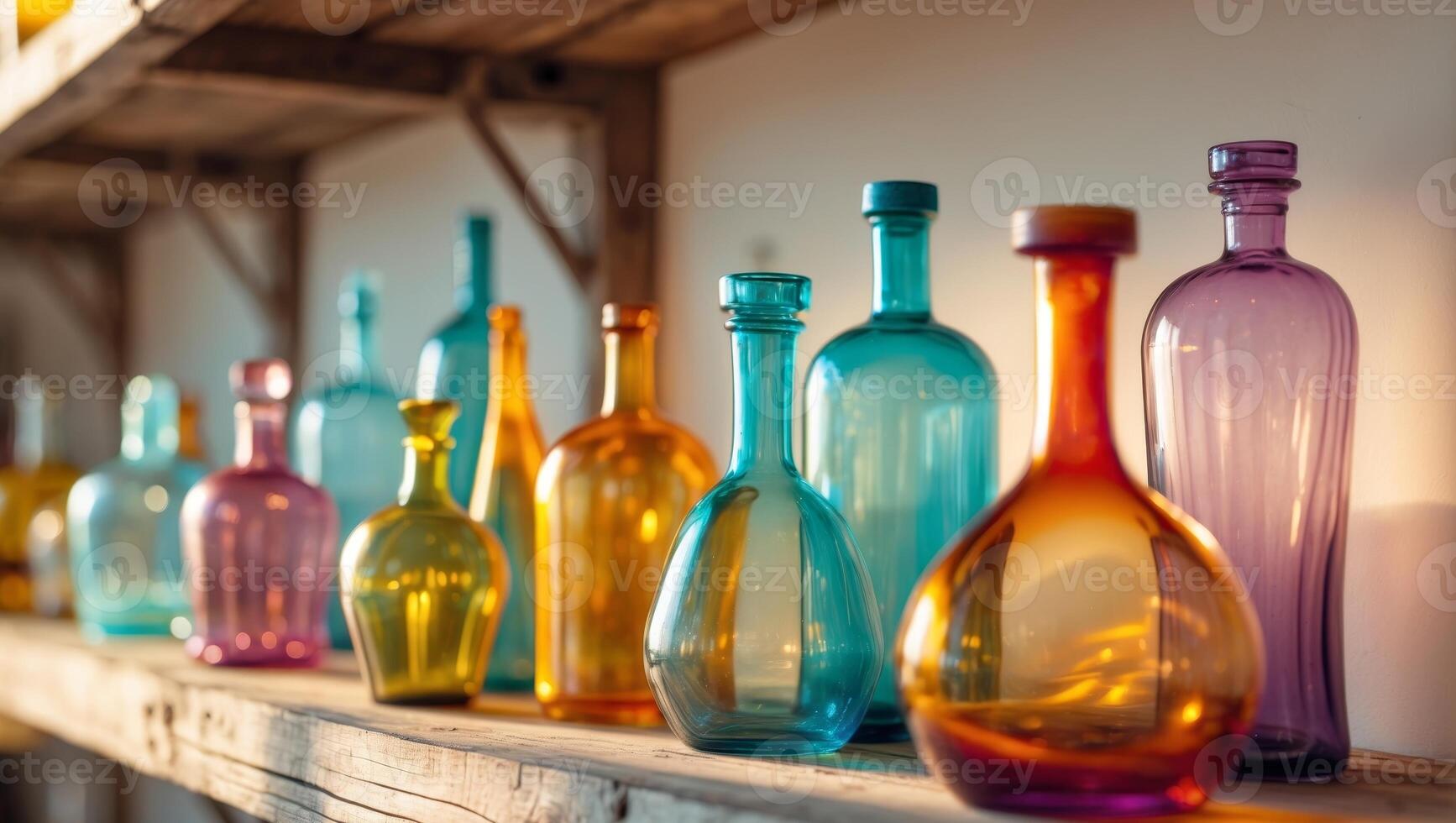 Colorful glass bottles displayed on wooden shelves under warm lighting. photo