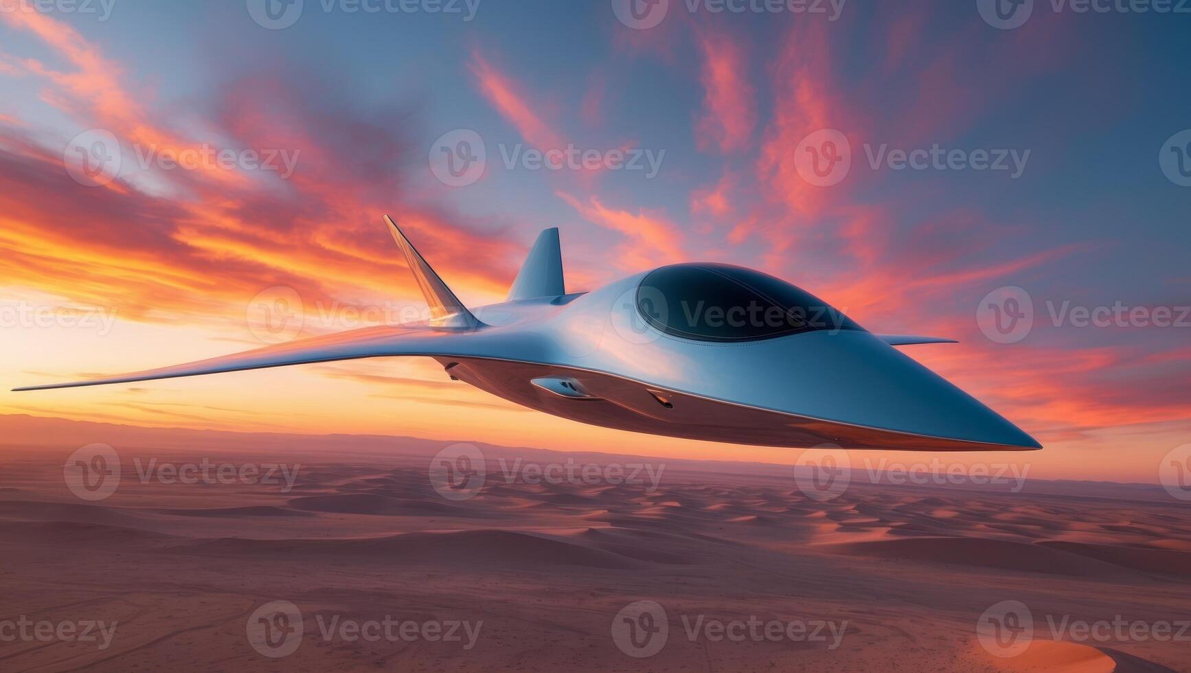 A futuristic jet flying over the desert photo