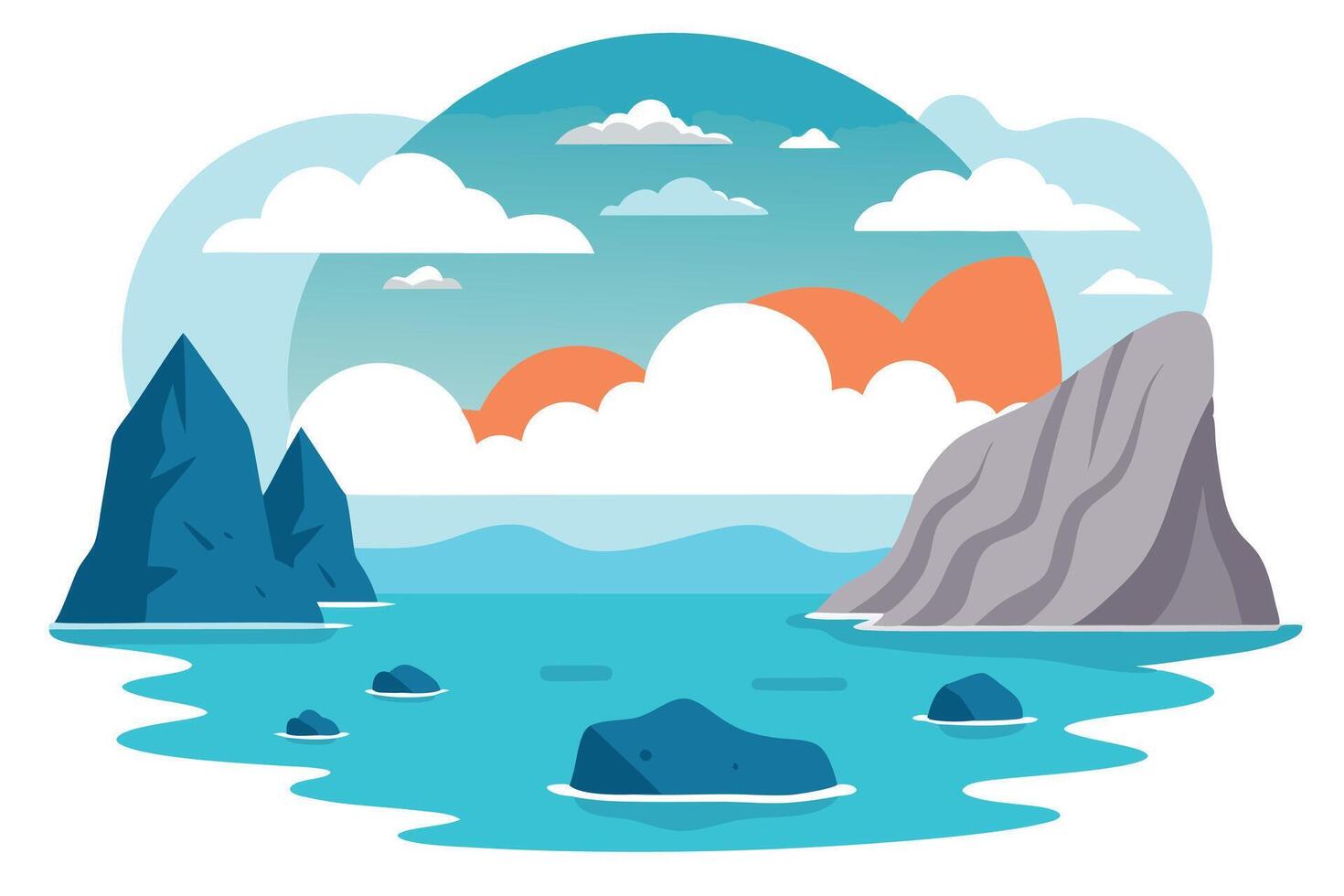 Serene Coastal with Blue Mountains and Rocks in Teal Water Flat Style vector