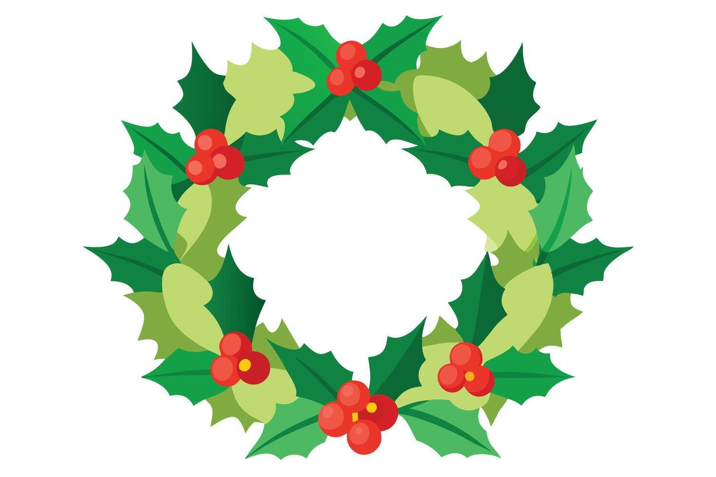 Flat Design Holly Wreath with Red Berries and Green Leaves Isolated on White vector