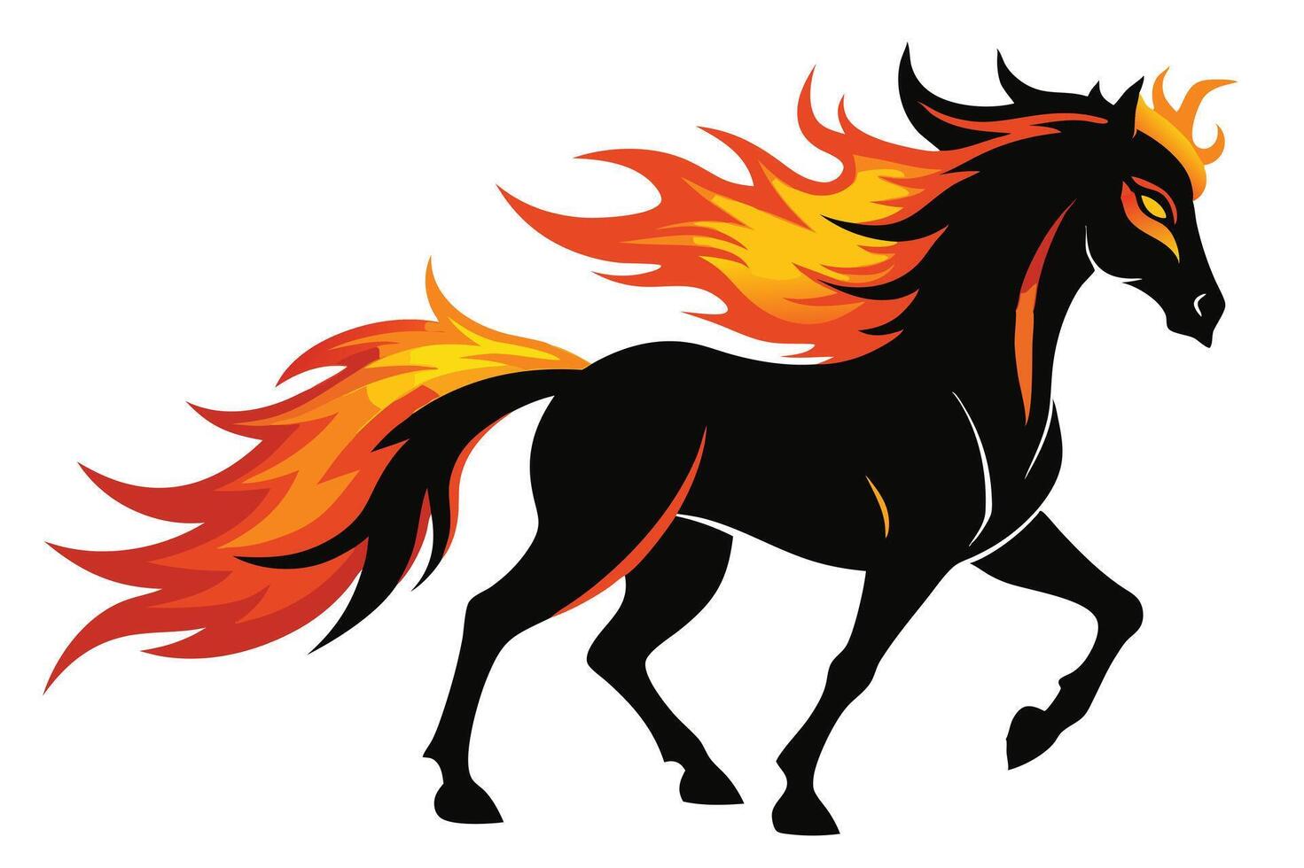 Striking Silhouette of Fiery Horse with Mane Ablaze Against White Backdrop vector