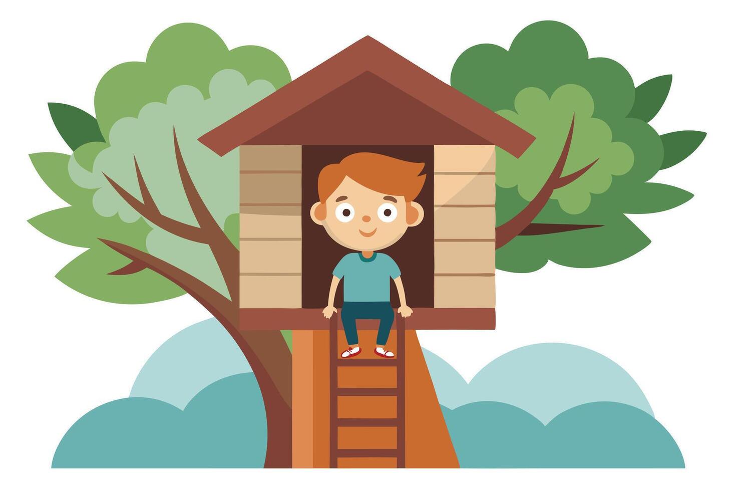 Happy Boy in Treehouse Cartoon with Cute Design and Fun, Playful Style vector
