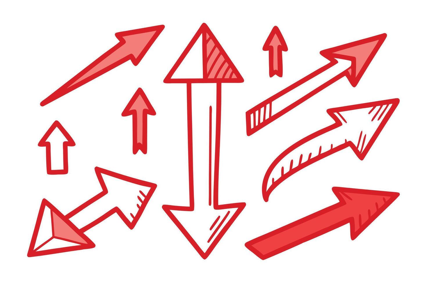 Hand Drawn Red Arrows Set with Bold Strokes on White Background, Directional Elements vector