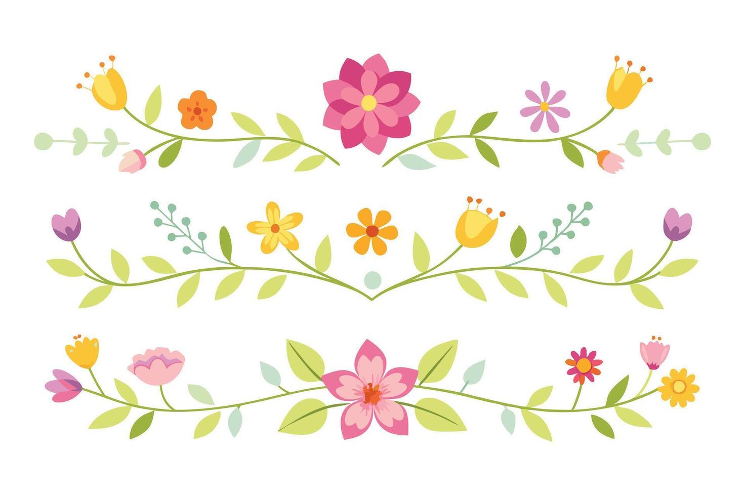 Floral Blossom Border Illustration, Cute Flowers with Leaves on White Background vector