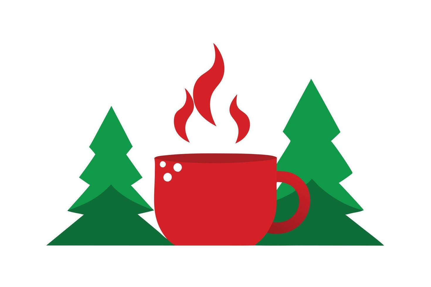 Red Mug with Steam and Green Trees on a White Background, Flat Design vector