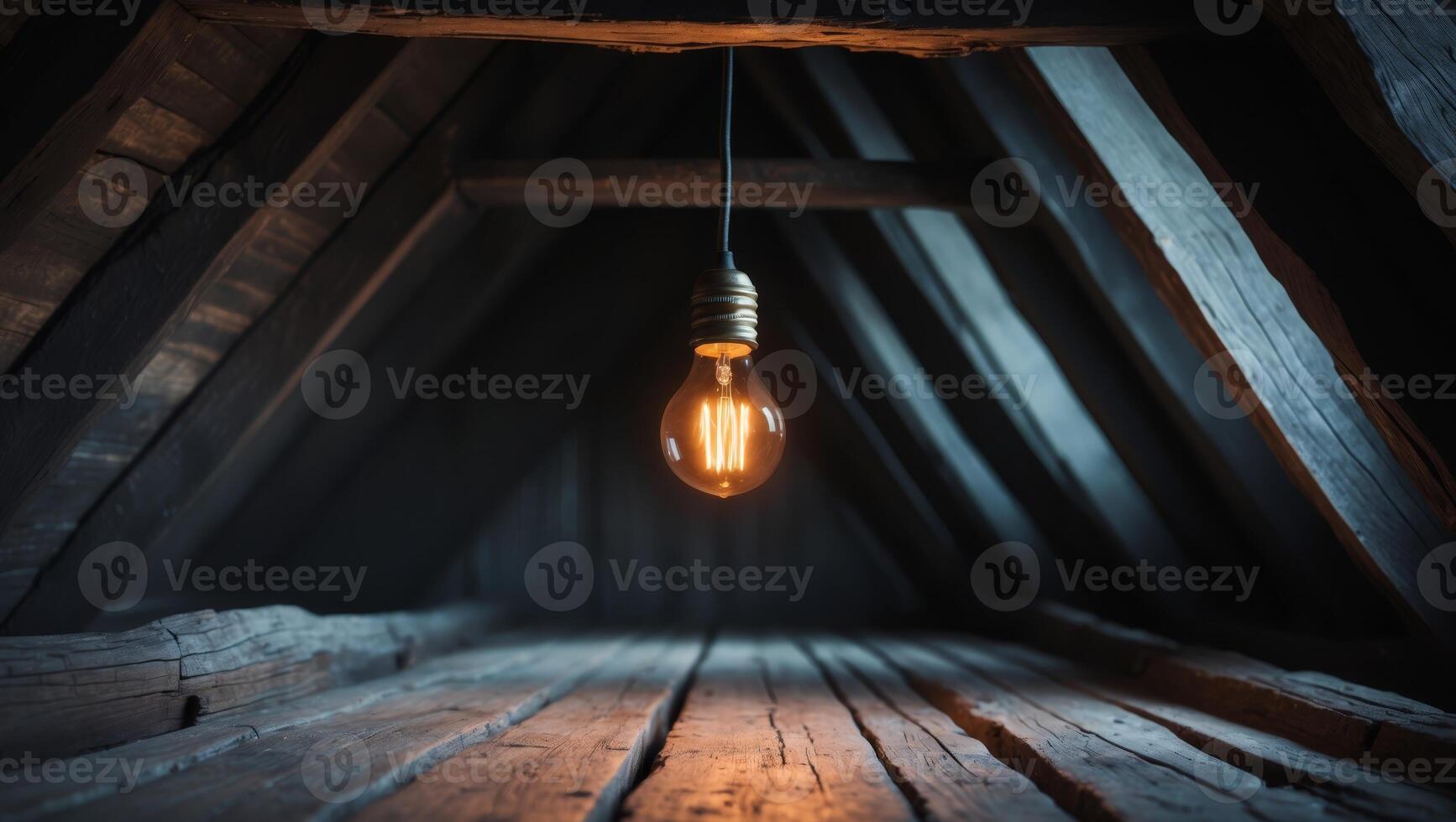 An old light bulb hanging from the ceiling of an attic photo