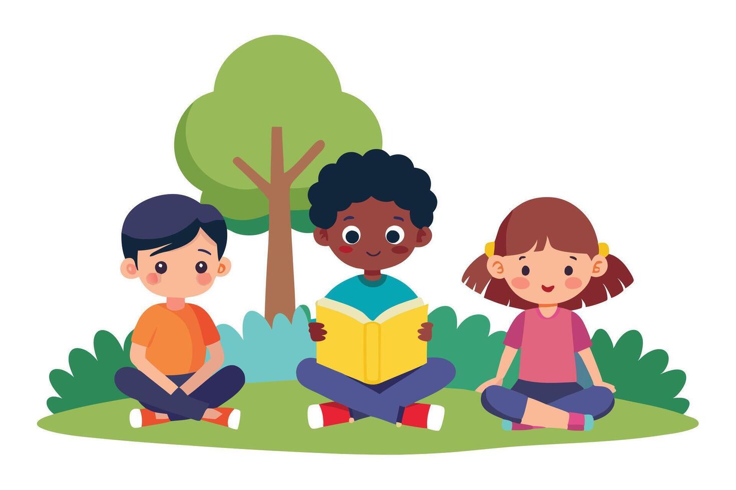 Diverse Children Cartoon Characters Reading in Park Sitting Together in Nature vector