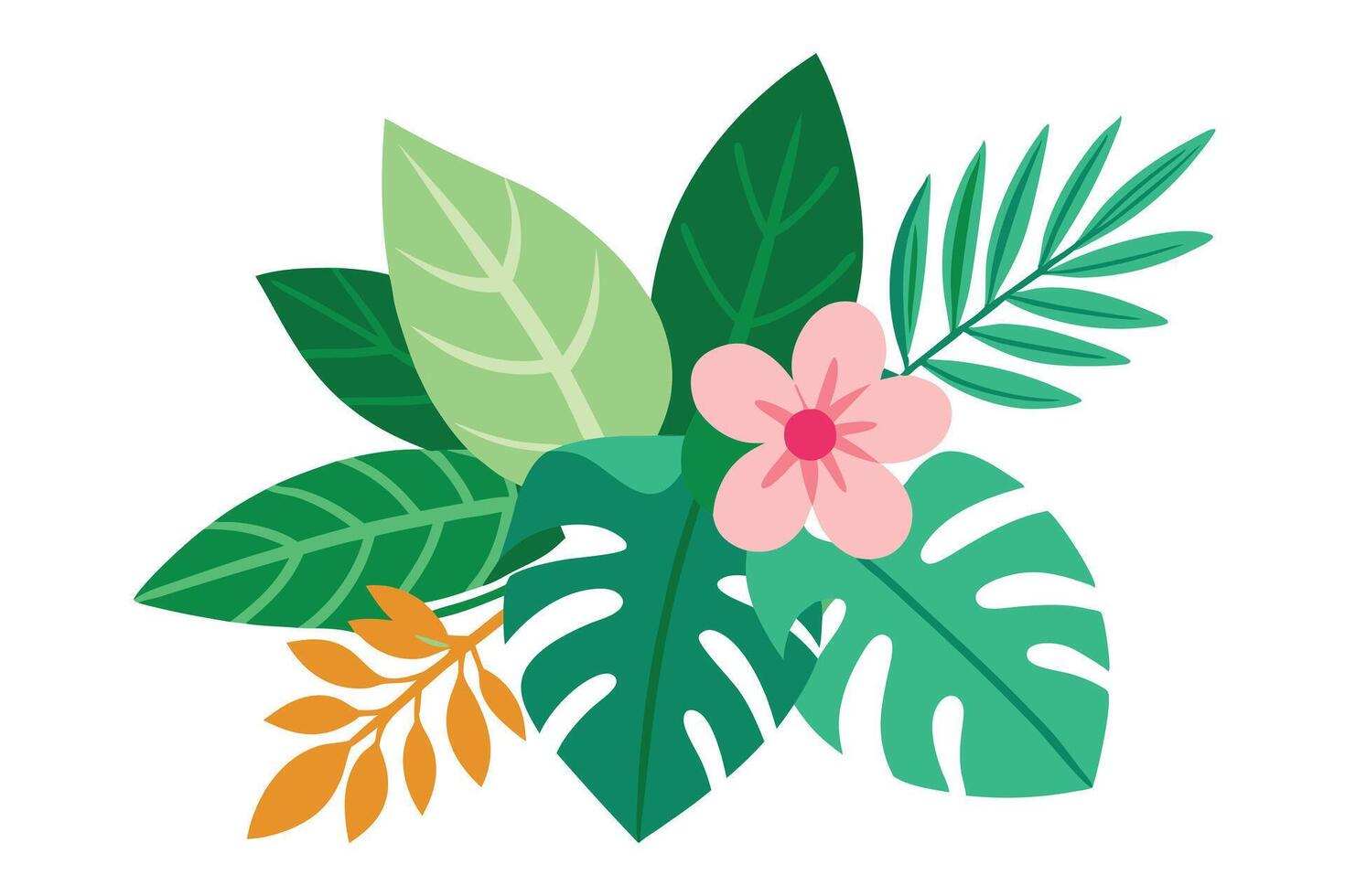 Tropical Floral Design Green Monstera Leaves with Pink Flower on White vector