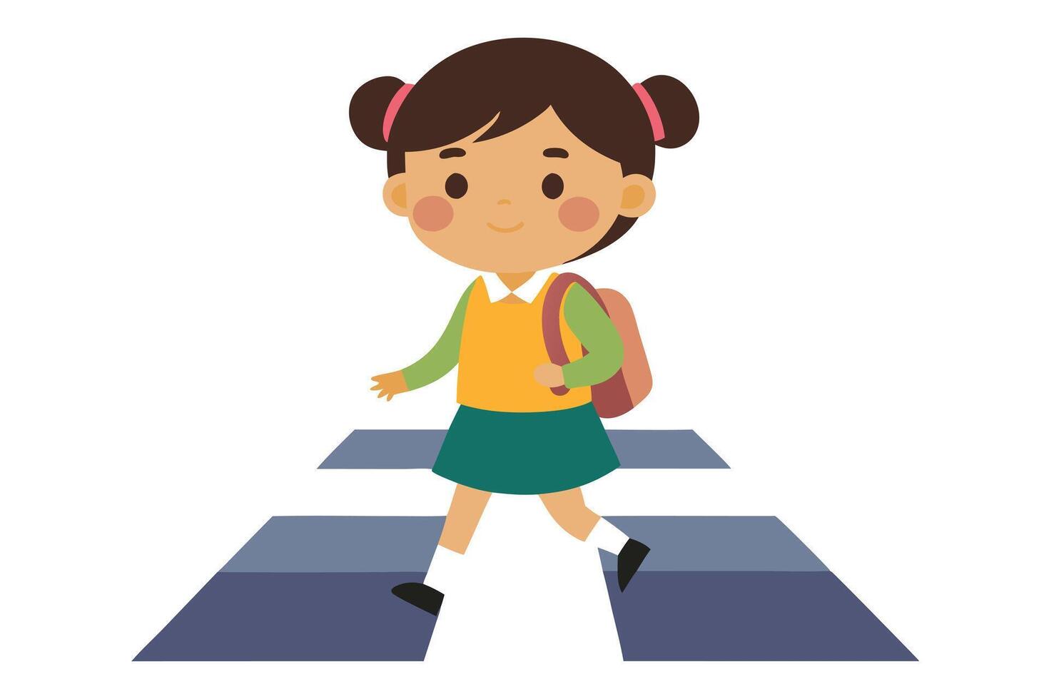 Animated School Girl Crossing Road with Backpack, on White Background vector