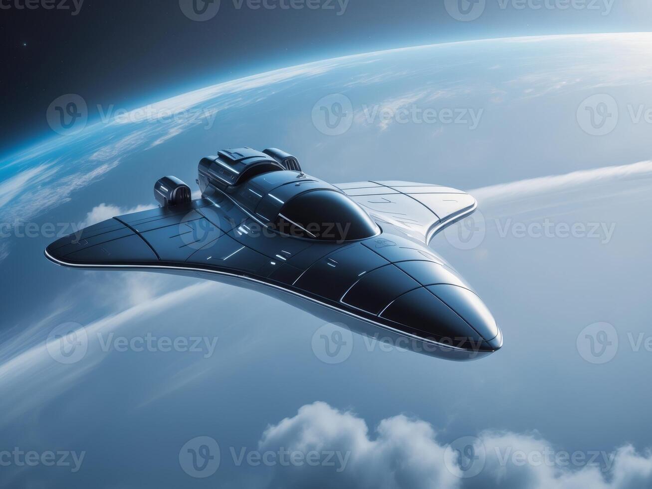 An artist's rendering of a futuristic spaceship flying over the earth photo