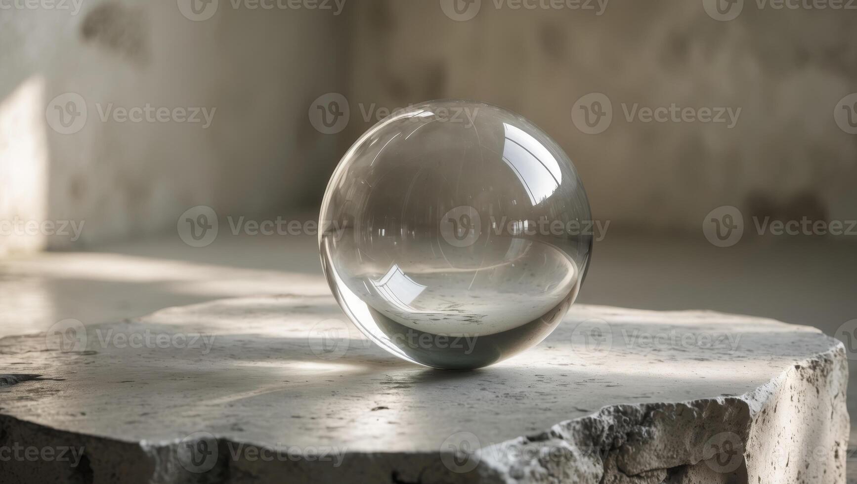A glass ball sitting on top of a stone block photo