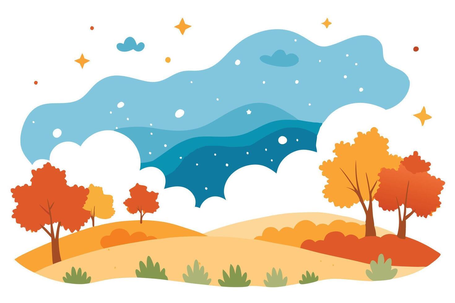 Cartoon Autumn Landscape, Blue Sky with Clouds and Stars, Orange and Yellow Trees vector