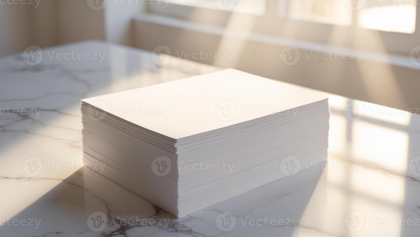 Stack of blank paper on a table in front of a window photo
