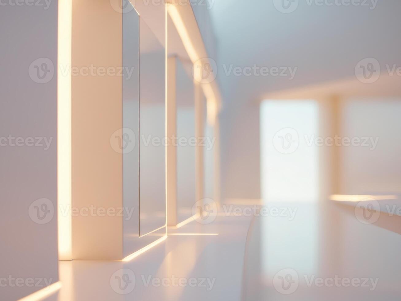 A long hallway with white walls and light coming from the windows photo
