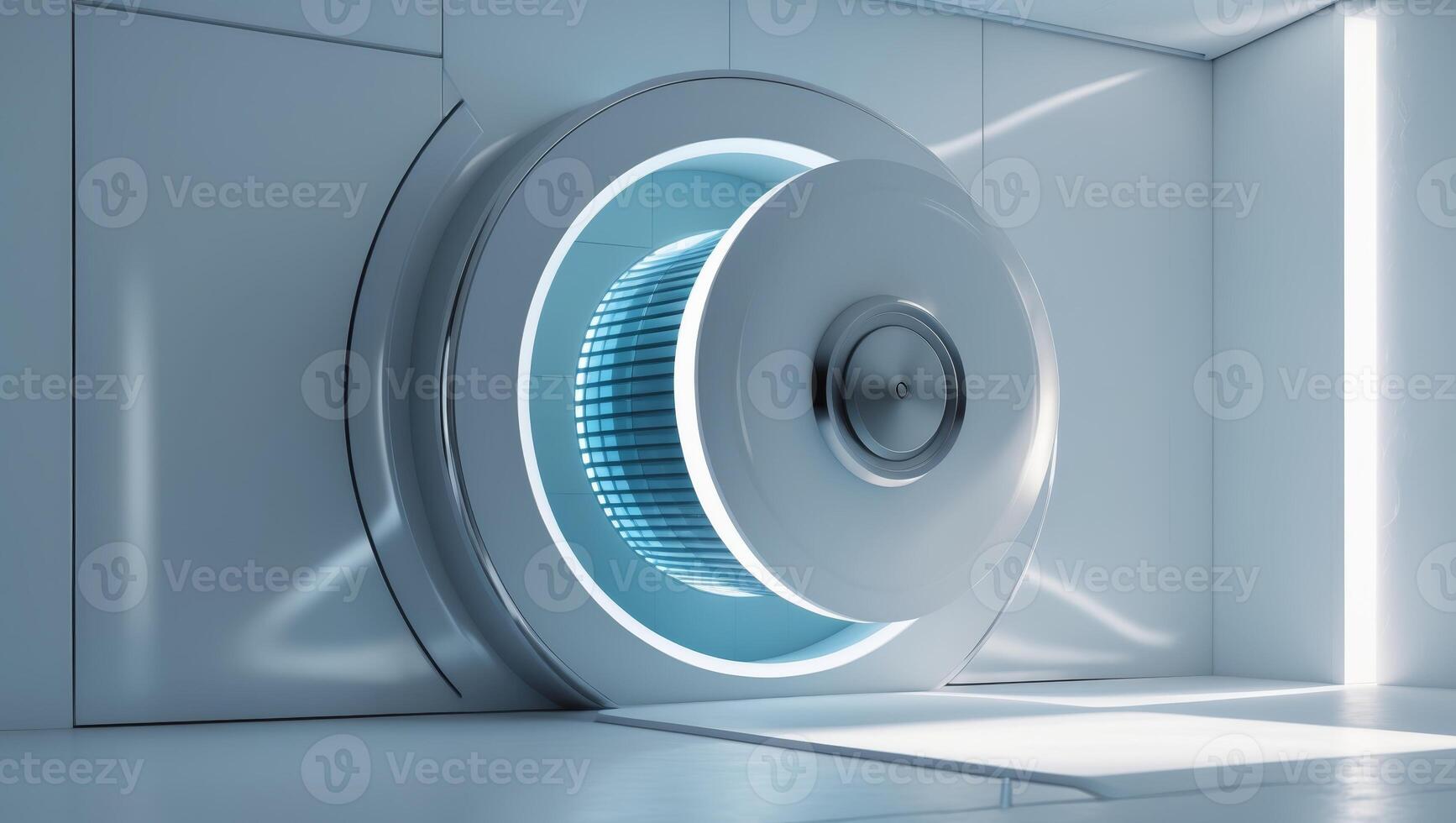 A futuristic looking room with a large metal door photo